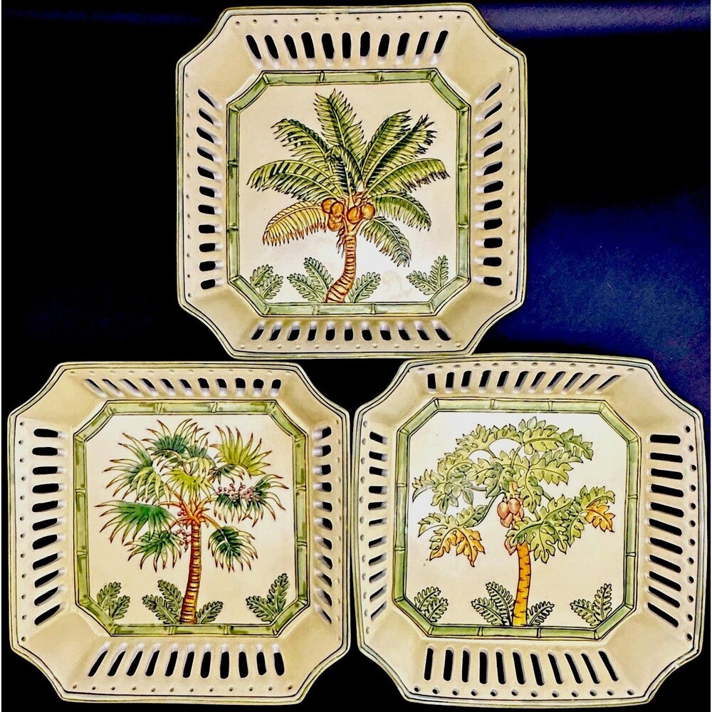 Vintage Andrea by Sadek Tropical Tree Plates Set 3 Octagonal Palm Beach Regency